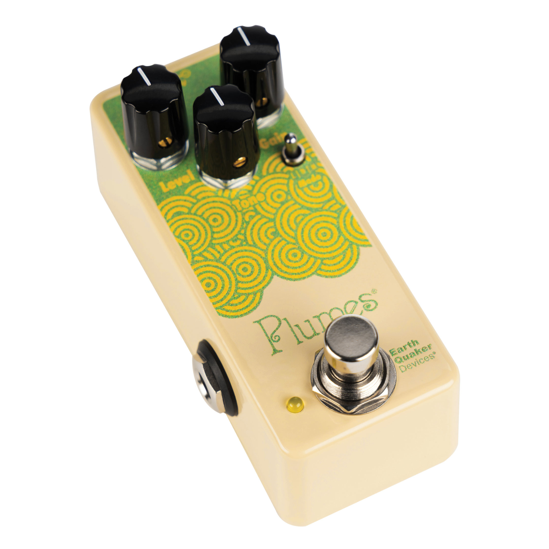 Gitarreneffektpedal, Overdrive-Pedal, drei Drehregler, Fußschalter, cremefarbenes Gehäuse
